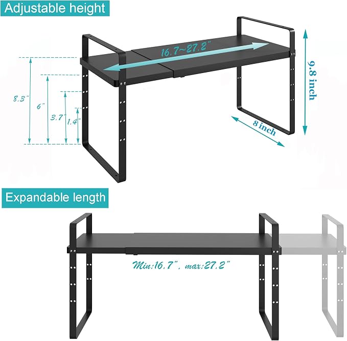 2 Pack Expandable Cabinet Storage Shelf Organizer Rack, Heavy Duty Steel Metal Spice Rack Adjustable Height Office Garage Pantry Shelf Space Riser for Counter Kitchen Organization, Black - Image 3