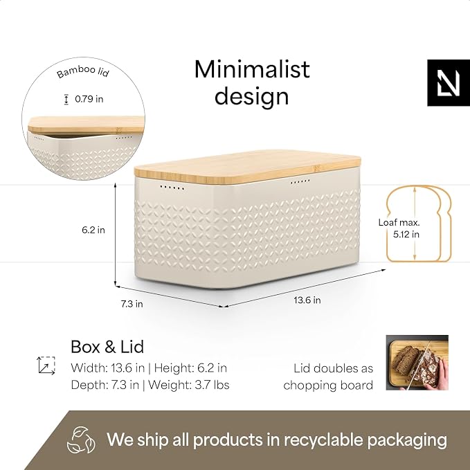 LARS NYSØM Bread Box I Metal bread box for long lasting freshness with non-slip pads I Baked goods Bin with bamboo lid usable as cutting board I 13.6x7.3x6.2in (Cream Beige) - Image 4