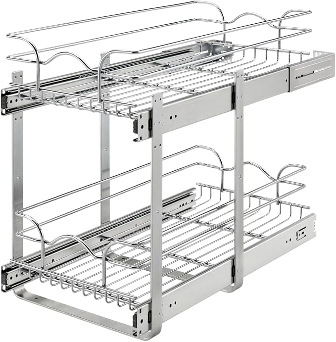 Rev-A-Shelf Pullout Organizer for Cabinets, Min Opening Width of 11.5" | Two-Tier Steel Shelf for Kitchen or Vanity Cabinet Organization, Heavy Gauge Wire Slide Out Storage Basket, 5WB2-1222CR-1 by Rev-A-Shelf