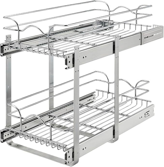 Rev-A-Shelf Pullout Organizer for Cabinets, Min Opening Width of 11.5" | Two-Tier Steel Shelf for Kitchen or Vanity Cabinet Organization, Heavy Gauge Wire Slide Out Storage Basket, 5WB2-1222CR-1 by Rev-A-Shelf