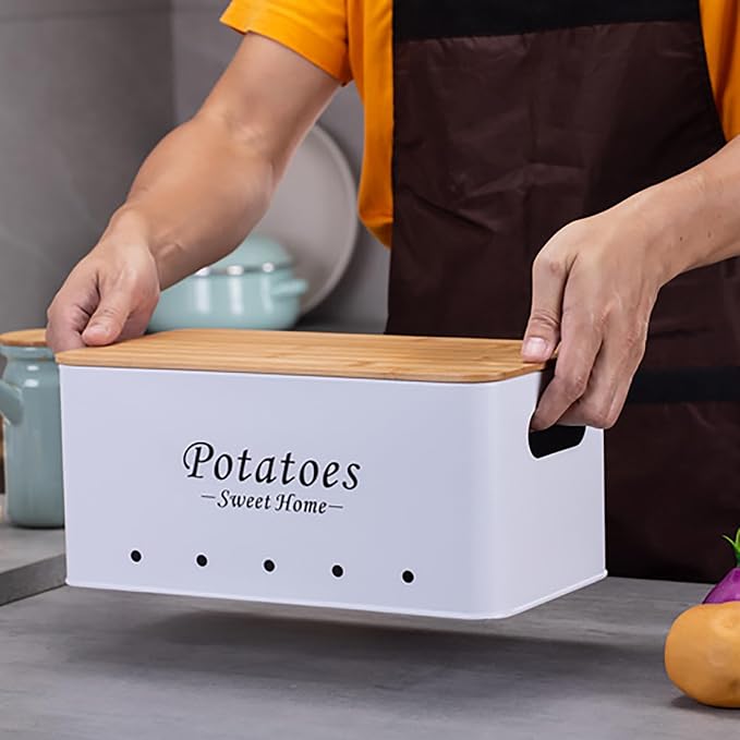 Kitchen Vegetable Storage Tins Set Of 3, Potato Onion Garlic Canisters | Storing potatoes, onions, and garlic. Features aerating holes to keep vegetables fresh and wooden lids for a stylish look - Image 3