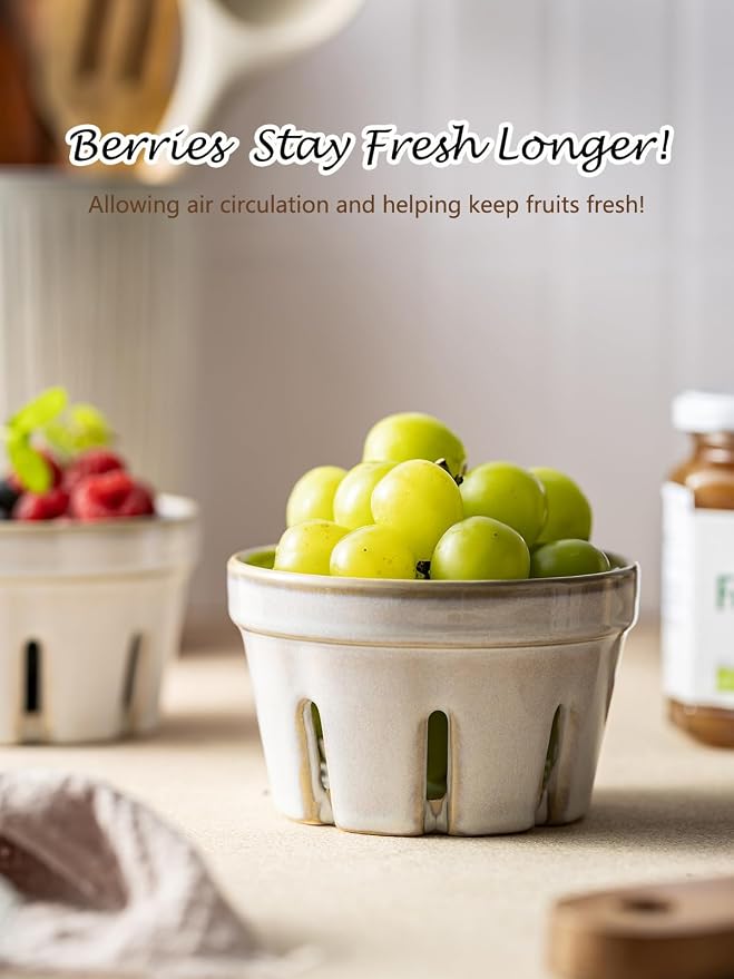 Gomakren Ceramic Berry Bowl Set of 2, Small Fruit Basket Colanders, White | Drain Holes Keep Berries Fresh, Stackable, Wash & Serve, Round Strawberry Basket for Fridge Kitchen Counter, Lovely Home Gift - Image 5