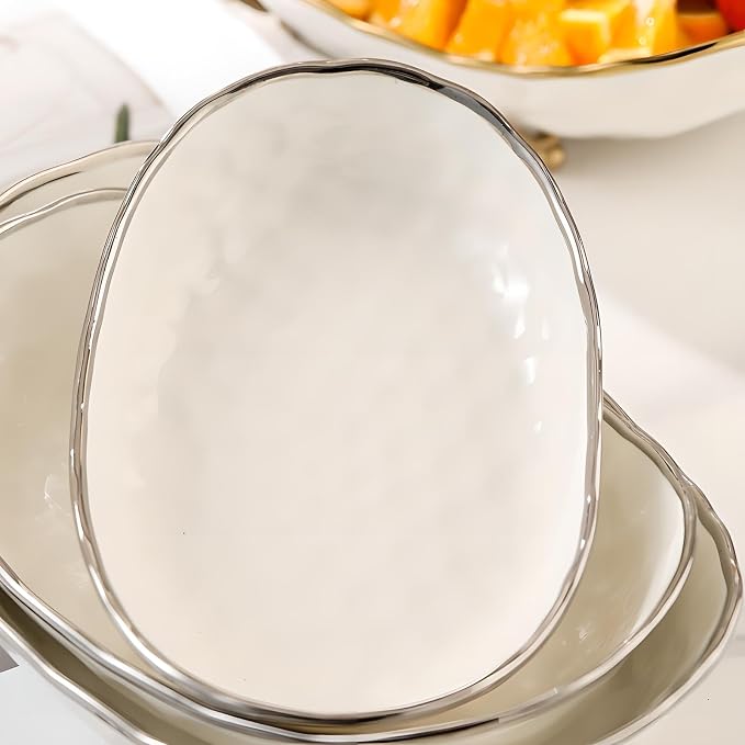 White Fruit Bowl with Silver Metal Stand, 2 Tier Modern Ceramic Fruit Bowl Fruit Rack for Kitchen Counter, Tiered Fruit Basket for Snacks Bread Candy Storage (White B,2 Tier) - Image 5