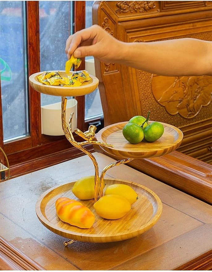 3-Tier Fruit Basket Electroplating Metal Stand Decorative Fruit Bowl Rack Bamboo Wooden Storage Trays Table Countertop Holder for Vegetables Bread Snack for Kitchen Home Use, Gold (Type D) - Image 4