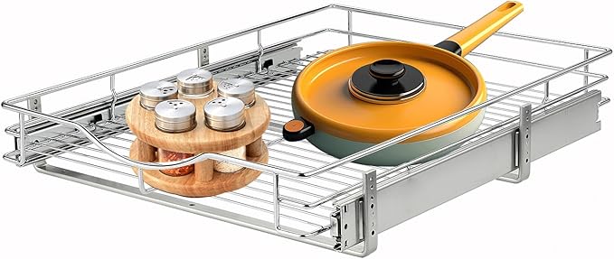 DINDON 1 Tier Pull Out Cabinet Organizer (11" W x 21" D) Heavy-Duty Metal Sliding Drawer Shelf, Slide Out Wire Basket for Kitchen Cabinets, Pantry, Bathroom, Chrome Finish… by DINDON