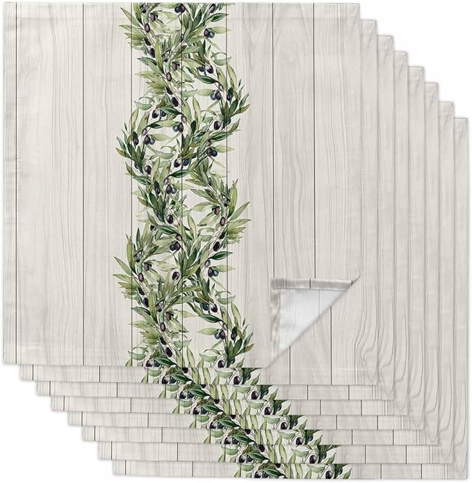 Kitchen Dinner Napkins Set of 8, Vintage Olive Leaf Cloth Napkins Reusable Washable Table Napkins for Weddings Cocktail Parties Holiday Table Decor 20x20 Inch Farmhouse Wooden Grain by Unknown