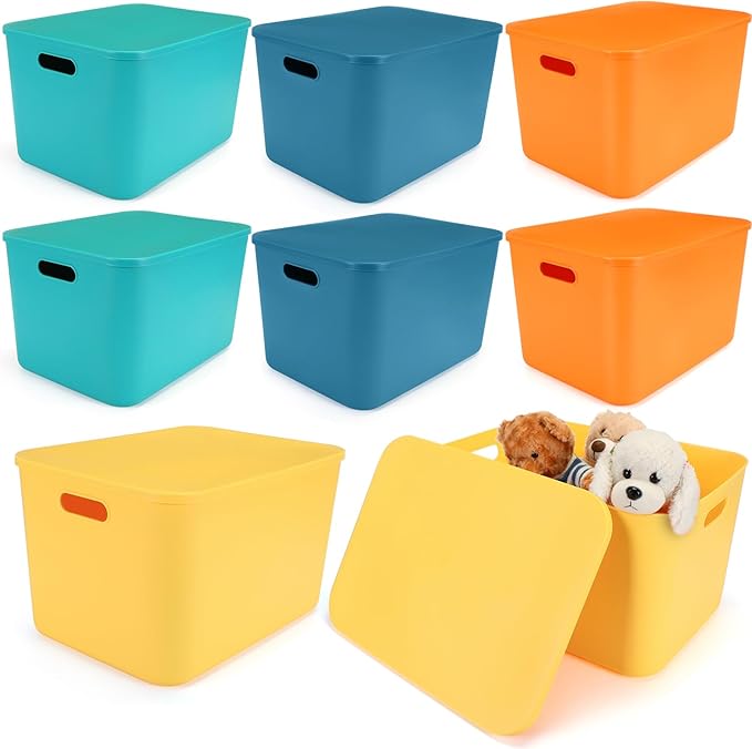 8 Pieces Colorful Storage Bins with Lid, Plastic Storage Basket Organizing Container Stackable Box with Handle for Shelves Desktop Playroom Office(16.1 x 12.0 x 9.7 Inch,Multi-colored) by Hoolerry