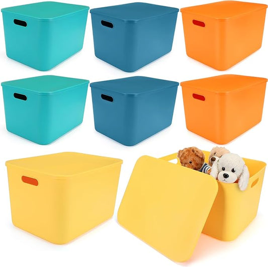 8 Pieces Colorful Storage Bins with Lid, Plastic Storage Basket Organizing Container Stackable Box with Handle for Shelves Desktop Playroom Office(16.1 x 12.0 x 9.7 Inch,Multi-colored) by Hoolerry