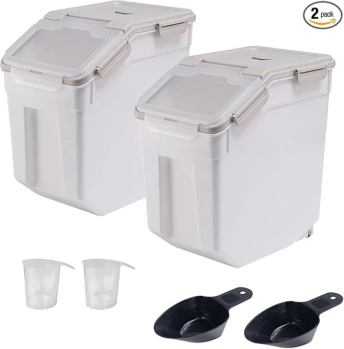 2 Pack Rice Storage Container with Measuring Cup 50 lb Flour Storage Container with Wheels, BPA Free Food Storage Container Dog Cat Food Bin Set for Dry Food Sugar, Cereal(Gray) by Qiveno