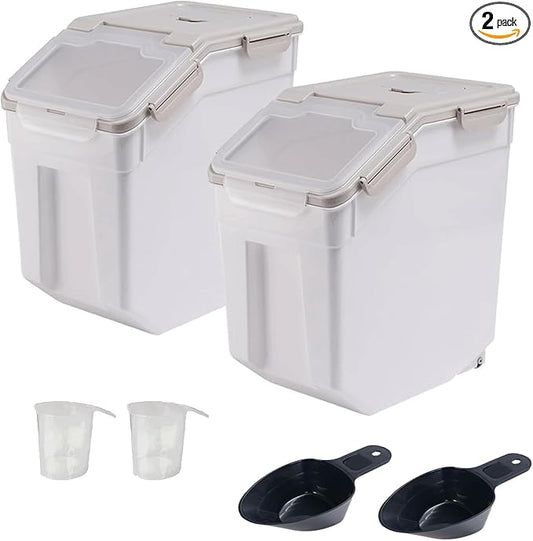 2 Pack 50 lb Airtight Flour Storage Containers with Wheels, Gray | Large Rice Bin with Wheels, Seal Locking Lid, BPA-Free, Includes Measuring Cup & Scoop, Kitchen Organization by Begino
