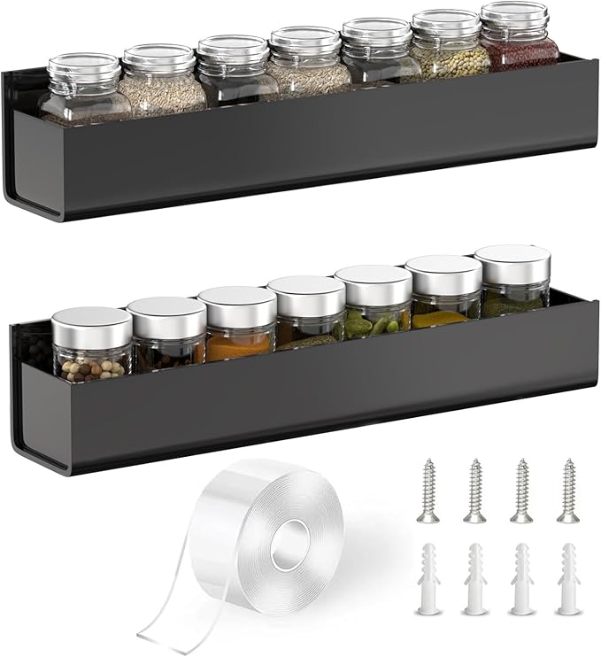 PMMASTO Adhesive Acrylic Spice Rack Organizer for Wall with Nano Double Sided Tape, Spice Shelf Organization for Kitchen Cabinet Door/Pantry Door, Wall Mount Seasoning Rack (Black-2 Pack) by PMMASTO