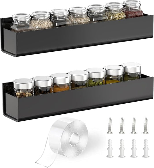 PMMASTO Adhesive Acrylic Spice Rack Organizer for Wall with Nano Double Sided Tape, Spice Shelf Organization for Kitchen Cabinet Door/Pantry Door, Wall Mount Seasoning Rack (Black-2 Pack) by PMMASTO