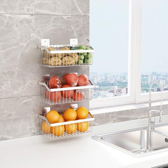 2PCS Kitchen Storage Metal Wire Fruit Basket - SUS304 Stainless steel Organizer Storage Bin Baskets for Bathroom - Space Saving Design for Pantry Organization, Spice Rack,Self Adhesive（Silver） - Image 5