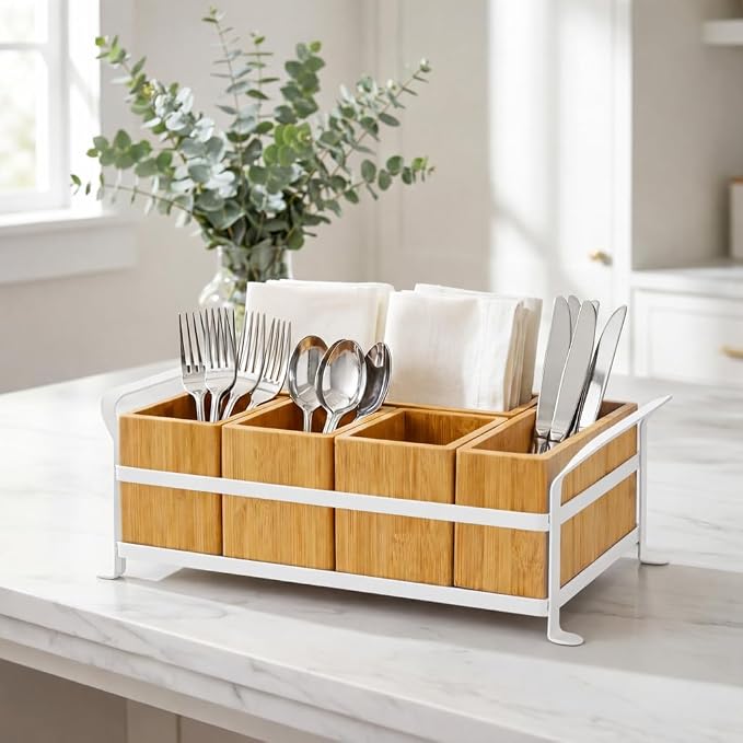 Bamboo Utensil Caddy with Handle - 5 Compartment Silverware Holder for Party & Kitchen Countertop - Removable Wooden Flatware Organizer for Picnic, BBQ, Buffet, RV & Outdoor Dining - Image 2