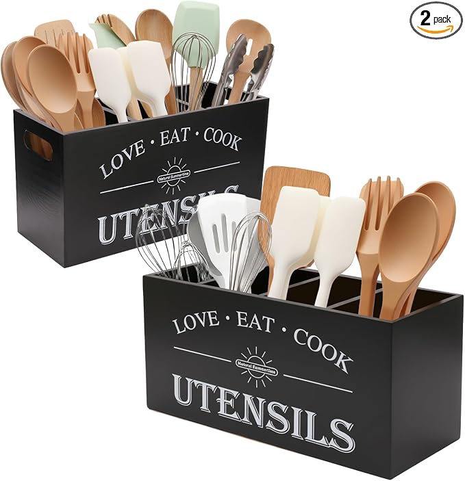 2 PC Wooden Utensil Holder,（With 4-Compartments size*1 + 3-Compartments size*1） Extra Large Kitchen Counter,Cooking Spatula Organizer,Farmhouse Decor, Rustic Cooking Utensil by Unknown