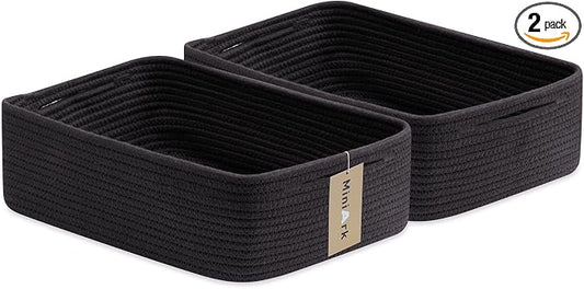 MiniArk Large Shallow Organizing Baskets 15x11x5.1 Inches - Rope Woven Storage Bins for Bathroom, Shelves, Cube Closet, Black 2 Packs by MiniArkStorageBasketsHome