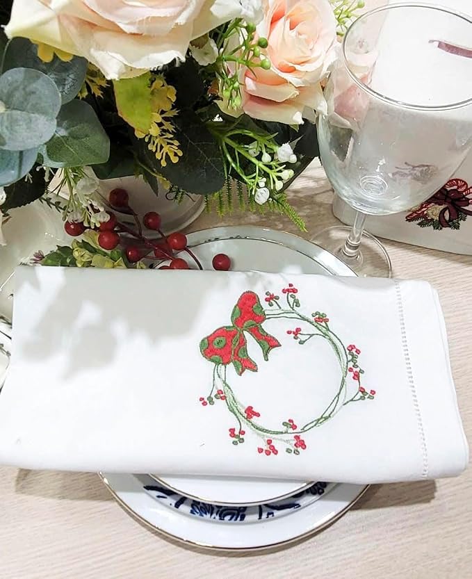 Embroidered Cloth Napkin Red Bow & Berry Wreath Christmas Cotton Napkins Set of 6, 20 x 20 Hemstitch Table Napkins, Machine Washable, Daily & Holidays, Great Gift Ideas - Image 6
