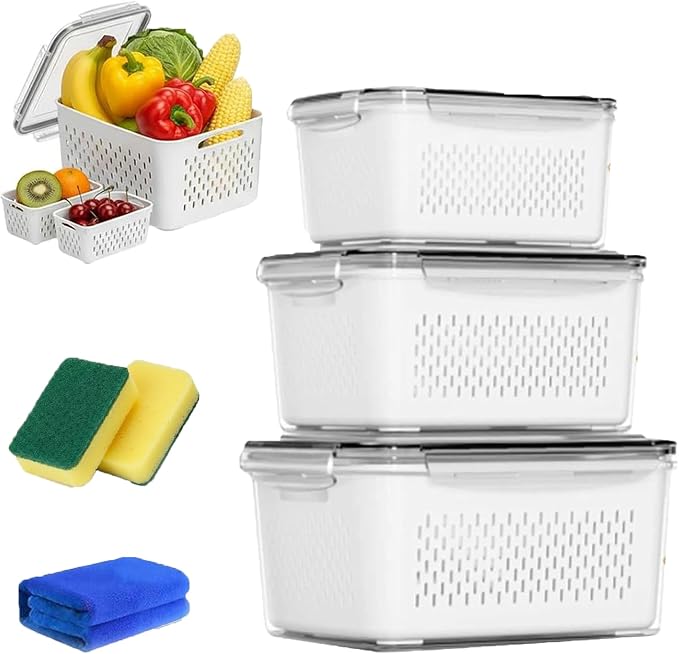 2026 New 4 in 1 Food Storage Container, Fruit Storage Containers for Fridge, Including Drain Basket, Produce Storage Containers with Lid and Strainer (S+M+L) by Unknown