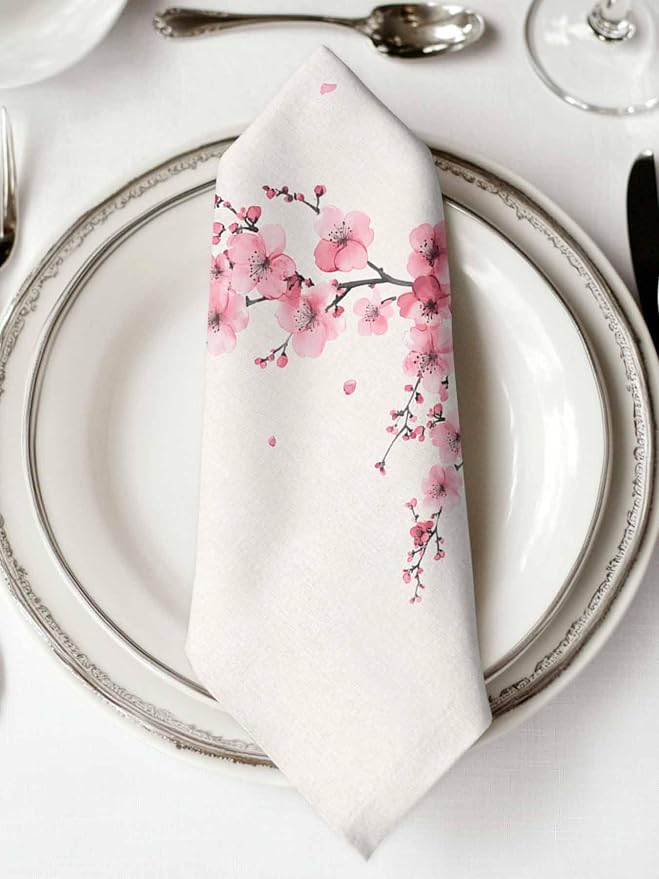 Cherry Blossom Cloth Napkins Set of 6 - Washable Dinner Napkins Reusable Table Napkins for Home Party Weeding Dining Table Setting Decoration, Pink Asian Japanese Burlap Beige Oversized 20"x20" - Image 2