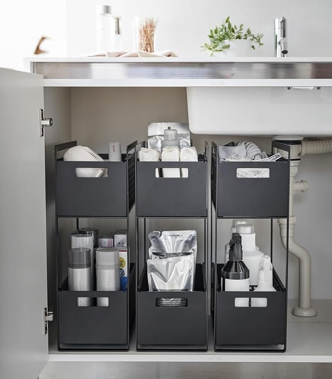 YAMAZAKI Home 2-Tier Storage Basket, Under-Sink Storage, ABS Plastic, Black | Two-tier sliding baskets organizer rack designed for pantry or under-sink storage. Sturdy organization. - Image 7
