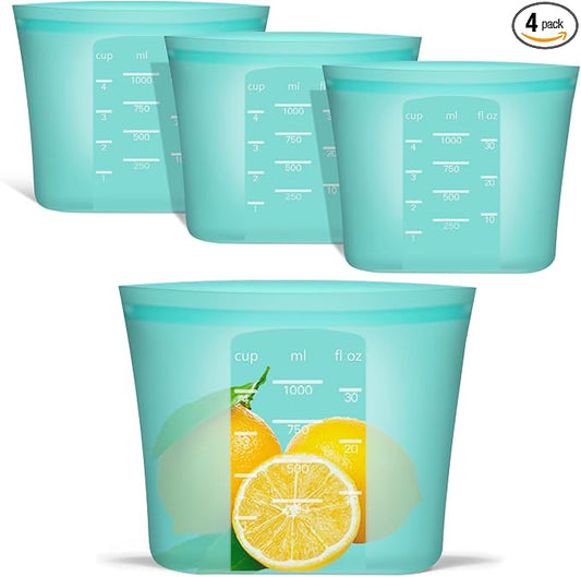 Reusable Freezer Bags Quart Size, 4 Pack, 100% Silicone Stand Up Ziplock Reusable Silicone Food Storage Bags Sandwich Bags Containers, Freezer Microwave Oven Dishwasher Safe, Aqua, 33.8fl.oz by Annaklin