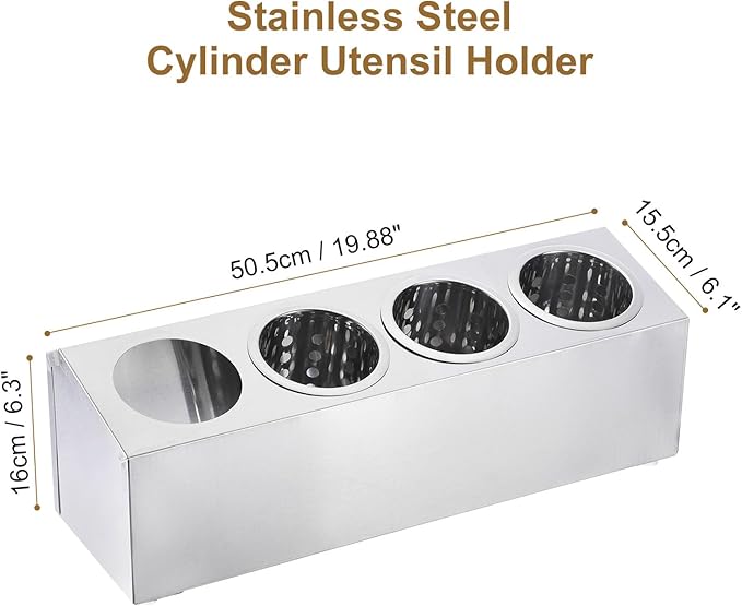 uxcell Commercial Utensil Holder, Stainless Steel Cylinder Flatware Silverware Utensil Holder Caddy Drying Rack Countertop Silverware Organizer (4 Holes) - Image 2