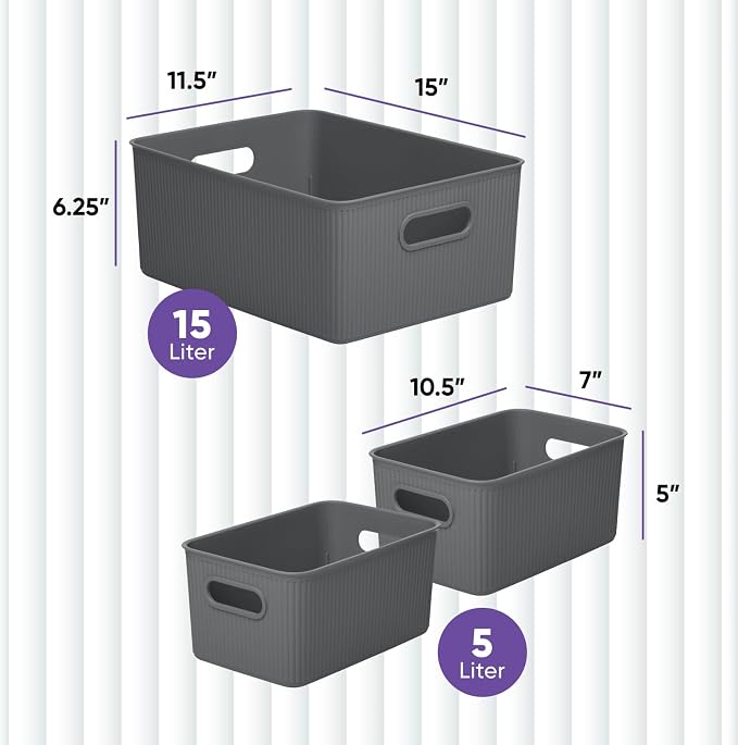 Superio Ribbed Collection - Decorative Plastic Basket Open Home Storage Bins Organizer, Grey (Set of 3) 1 Large, 2 Medium - Container Boxes for Organizing Closet Storage Bins for Shelves Drawer Shelf - Image 2