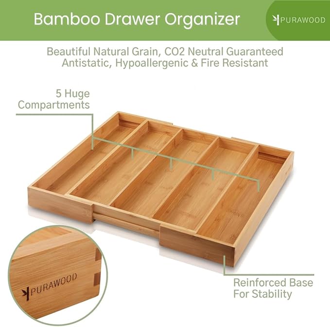 Purawood Kitchen Drawer Organizer - Expandable Utensil Drawer Organizer for Kitchen, Cutlery Tray & Silverware Organizer, 3-5 Slots - Bamboo Organizer for Utensils & Flatware (Natural) - Image 4