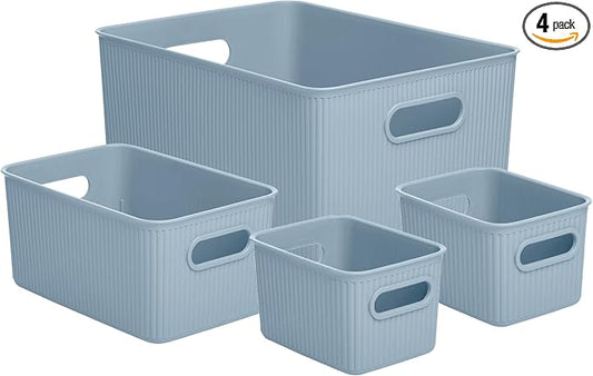 Superio Ribbed Collection - Decorative Plastic Basket Open Home Storage Bins Organizer, Blue (Set of 4) 1 Large, 1 Medium, 2 Small - Container Boxes for Organizing Closet Storage Bins for Shelves by Superio
