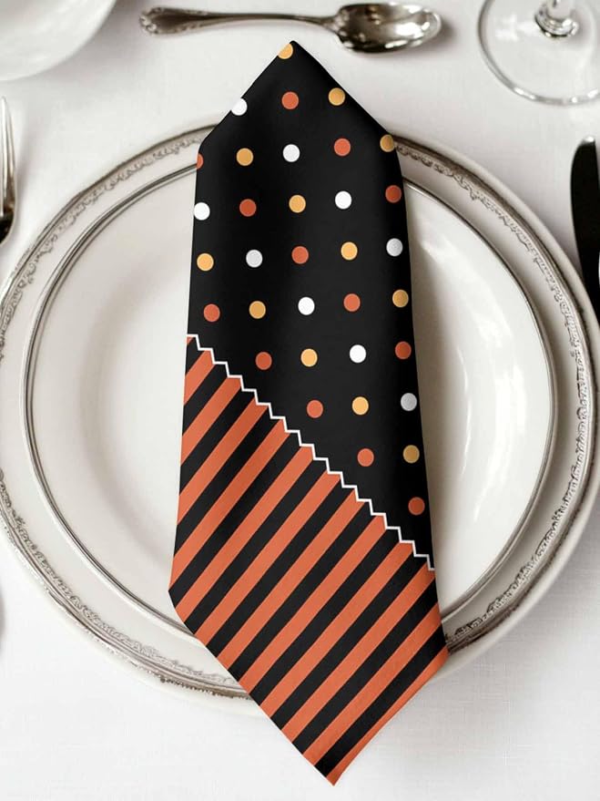 Halloween Cloth Napkins 20x20in Orange Black Striped Washable Soft Dinner Napkins Polka Dot Table Napkin Cloth for Hotel, Holiday, Dinner, Parties Table Decorations Set of 4 - Image 2