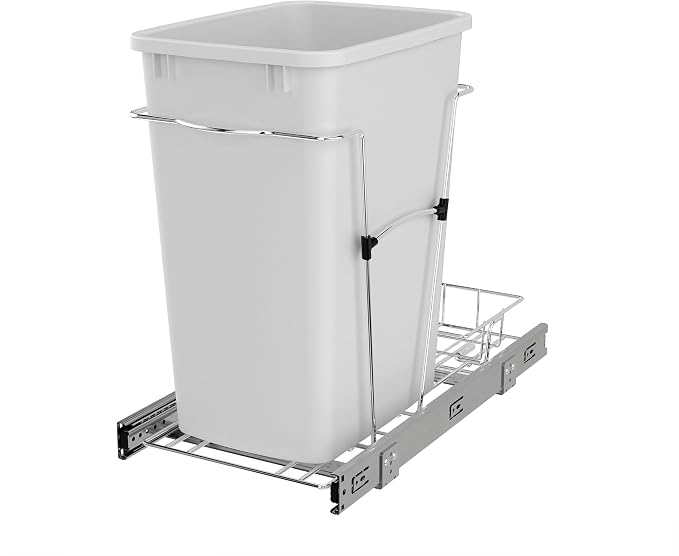 Rev-A-Shelf Single 35 Qt Pullout Trash Can for Base Kitchen Cabinets, Garbage Waste Bin System with Full Extension Slides, Min Opening Width of 11.5", White/Chrome, RV-12KD-11C by Rev-A-Shelf