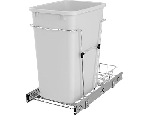 Rev-A-Shelf Single 35 Qt Pullout Trash Can for Base Kitchen Cabinets, Garbage Waste Bin System with Full Extension Slides, Min Opening Width of 11.5", White/Chrome, RV-12KD-11C by Rev-A-Shelf
