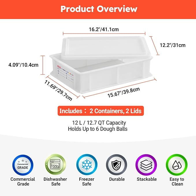 2 Pack Pizza Dough Proofing Boxes with 2 Lids, Commercial Food Grade Stackable Bread Proofing Containers with Label Sticker & 2 Erasable Markers, BPA Free, Fit Up to 6 Dough Balls Each - Image 2