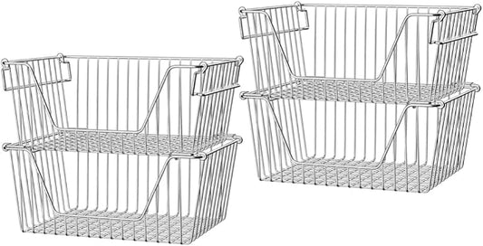 Slideep Large Stackable Storage Baskets Cabinet Organizer Sturdy Metal Wire Pantry Freezer Bin for Pantry Home Bathroom Kitchen Organization 4 Packs by WelcometotheSlideep