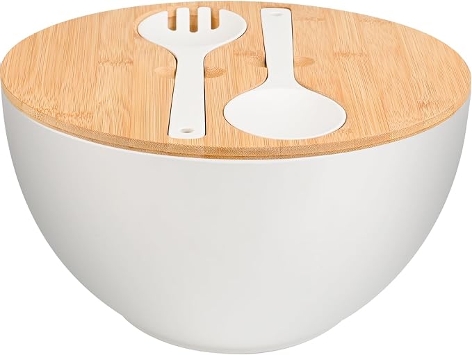 LOVYANXUE Salad Bowl with Lid, 12" Extra Large Bamboo Fiber Salad Bowl with Servers Set for Kitchen, Nature Bamboo Mixing and Serving Bowl with Lid, Spoon and Fork for Fruits,Salads and Vegetables by LOVYANXUE