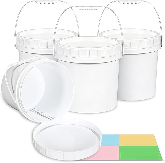 4 Pack 1.3 Gallon White Plastic Storage Buckets with Screw Lids, Food Grade Container with Measurement Markings, Reusable Small Container by UMETASS