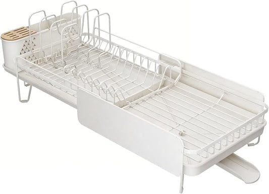 Large Expandable Dish Drying Rack for Kitchen Counter, 19.3-29.4 in, White | Family Size Capacity, Adjustable Dividers for Pan, Lid & Cutting Board, Stainless Steel, Rotating Spout, Utensil Holder by SNTD