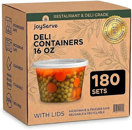 16 oz Deli Containers with Lids – 180 Sets (180 Containers + 180 Lids) – Leakproof, Stackable, Microwave & Freezer Safe – Bulk Food Storage for Restaurant, Deli, Catering, Soup & Meal Prep by JoyServe