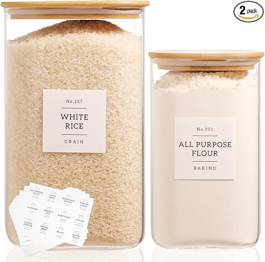 2 Pack large Square Glass Flour and Sugar Containers with 132 Kitchen Pantry Labels - 149 floz & 71 floz - Glass Jars with Airtight Bamboo Lid - Glass Rice Canisters for Coffee, Pasta, Cookie, Cereal by CZDYSM