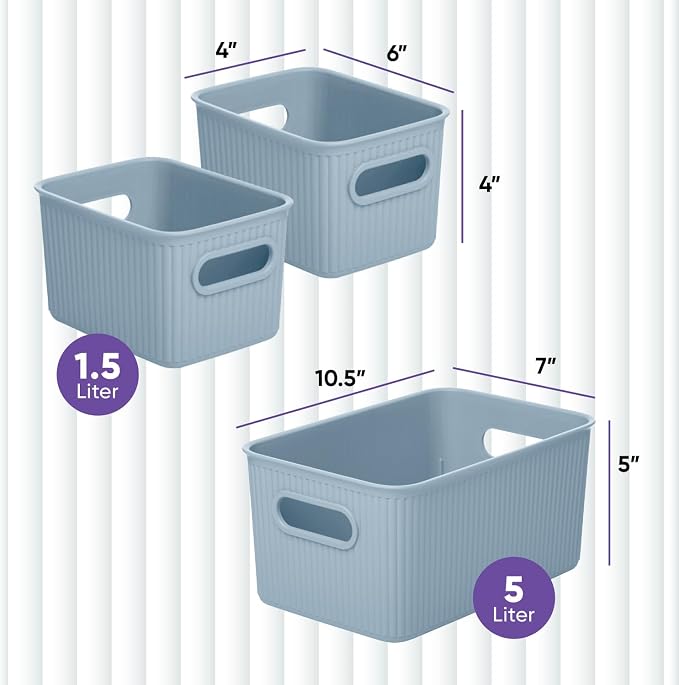Superio Ribbed Collection - Decorative Plastic Basket Open Home Storage Bins Organizer, Blue (Set of 3) 1 Medium, 2 Small - Container Boxes for Organizing Closet Storage Bins for Shelves Drawer Shelf - Image 2
