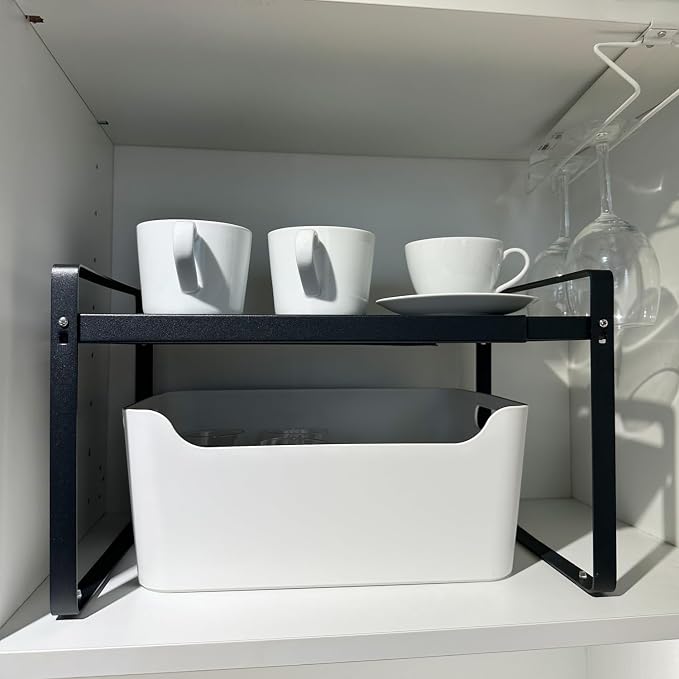 Set of 2 Expandable Cabinet Shelf Organizer, Black Kitchen Countertop Shelves, Stackable Metal Pantry Storage Organizer for Cupboard, Spice Rack - Image 4