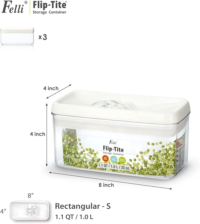 Felli Flip Tite Food Storage Container with Lid 4” RECTANGLE Airtight Ring Flip Lock Top, Stackable Acrylic Canister Set for Kitchen Fridge Pantry Organizer, Veggie Fruit Tea Bag Snack (1.1 qt) - Image 3
