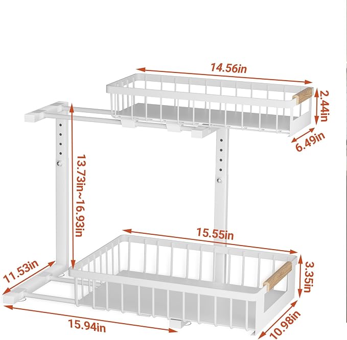 Under Sink Organizer, 2 Tier Pull Out Cabinet Organizer with 5 Adjustable Heights, Metal Under Sink Storage with Sliding Drawers for Kitchen, Bathroom, Pantry and Laundry Room, 4-Pack White - Image 7