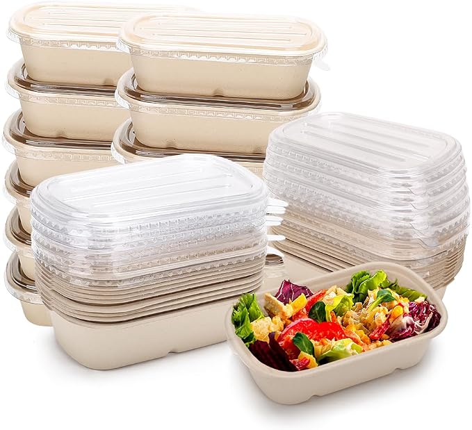 Aksipo 50 Pack 33 Oz Disposable Meal Prep Containers with Lids, Rectangle Paper Bowls with Lids for Salad,Leftovers, Leak-proof To Go Food Box Cardboard Lunch Box Compostable Take Out Food Containers by Aksipo