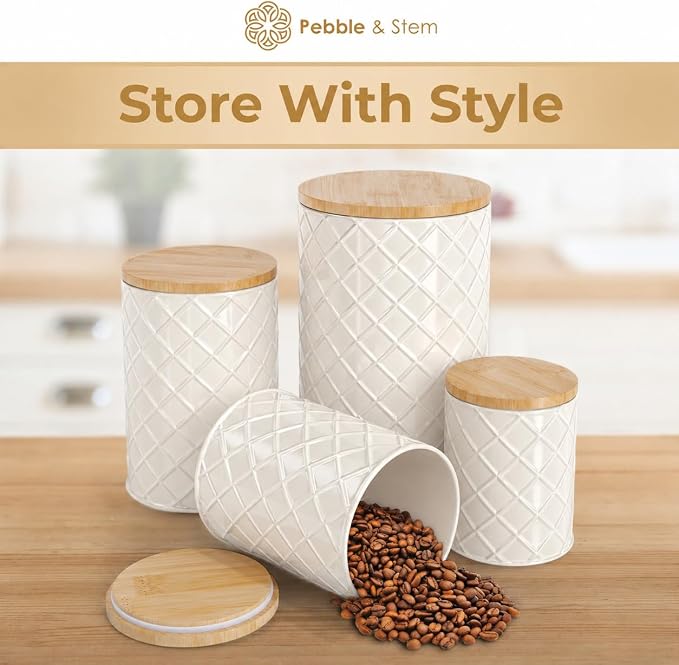 Pebble & Stem® Cream Metal Canister Set for the Kitchen Counter, Food Canister Set of 4, Airtight Lids, Sugar and Flour Containers for Countertops, Coffee and Tea Storage, Farmhouse Decor - Image 7
