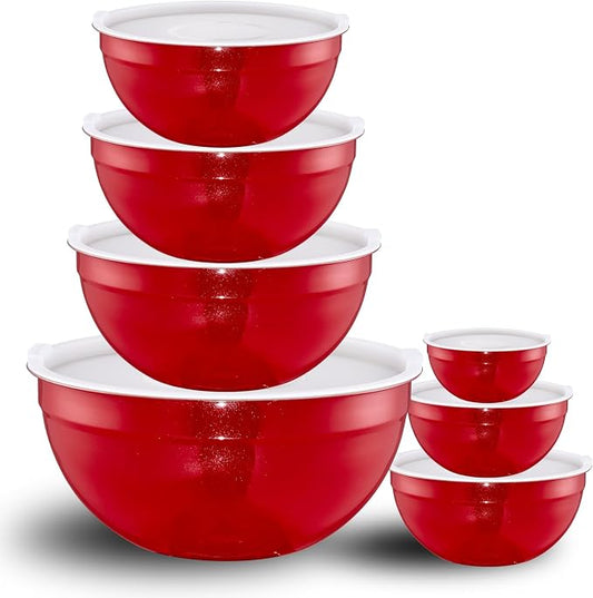 Red Mixing Bowls with Lids Set of 7, Stainless Steel Nesting Bowl with Khaki Lid for Non-slip Mixing Prepping Storing Serving, 7 Sizes-7/3.6/2.7/2.1/1.5/1/0.8 QT by LKTDYMEG