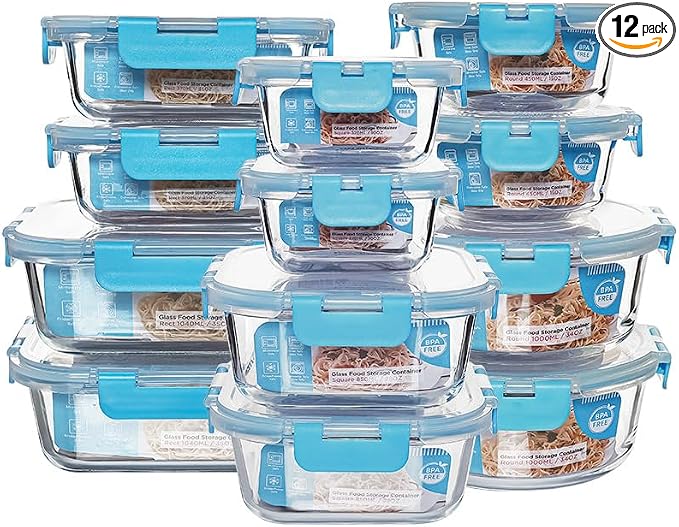 12 Pack Glass Storage Containers Transparent, Stackable Design Meal Prep Containers for Food Storage, Home, Kitchen & Pantry Organization, Microwave/Freezer/Dishwasher Safe by MakingLifeMuchFuller