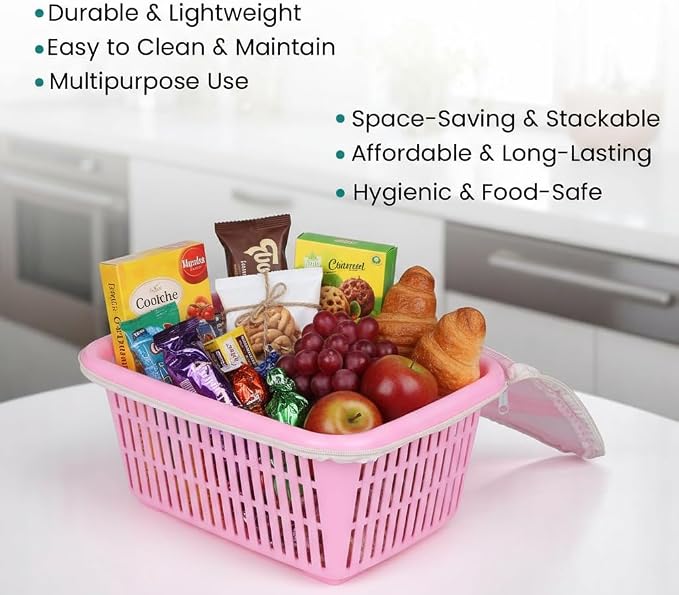 Go Hooked Multipurpose Plastic Storage/Gift Basket With Net Cover | Stylish Basket With Zip Net Cover Pack Of 1 (Pink). - Image 7