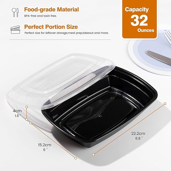 Glotoch Meal Prep Containers 1-Compartment with Lids 300 Pack 32oz, Disposable Plastic Food Storage Containers, Takeout & Restaurant, BPA-Free, Stackable, Microwave/Freezer/Dishwasher Safe - Image 6