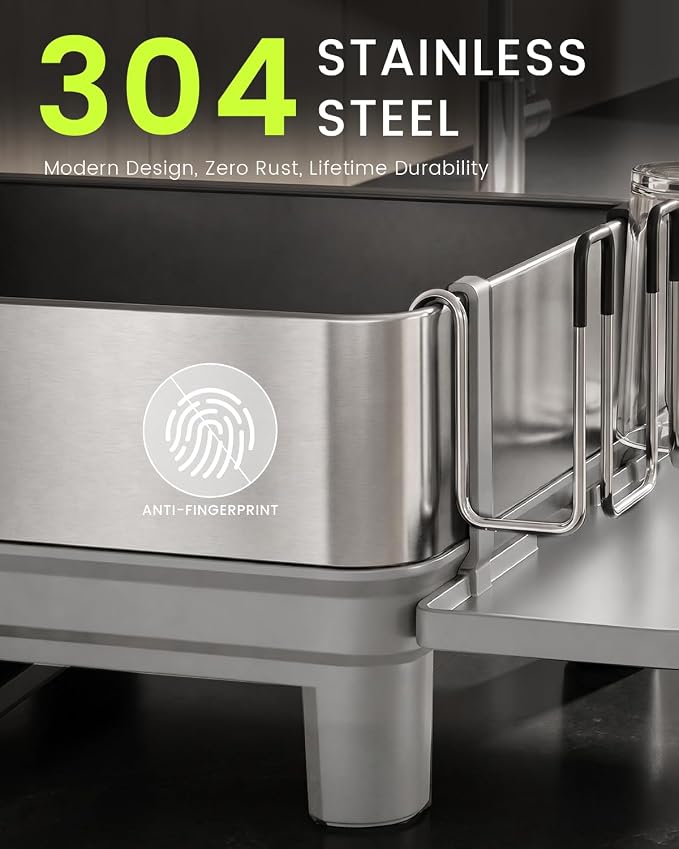 Dish Drying Rack, 304 Stainless Steel Dish Rack and Drainboard Set, Rustproof Dish Drainer with Anti-Pooling Automatic Drainage, Large Capacity Kitchen Counter Organizer, Grey - Image 2